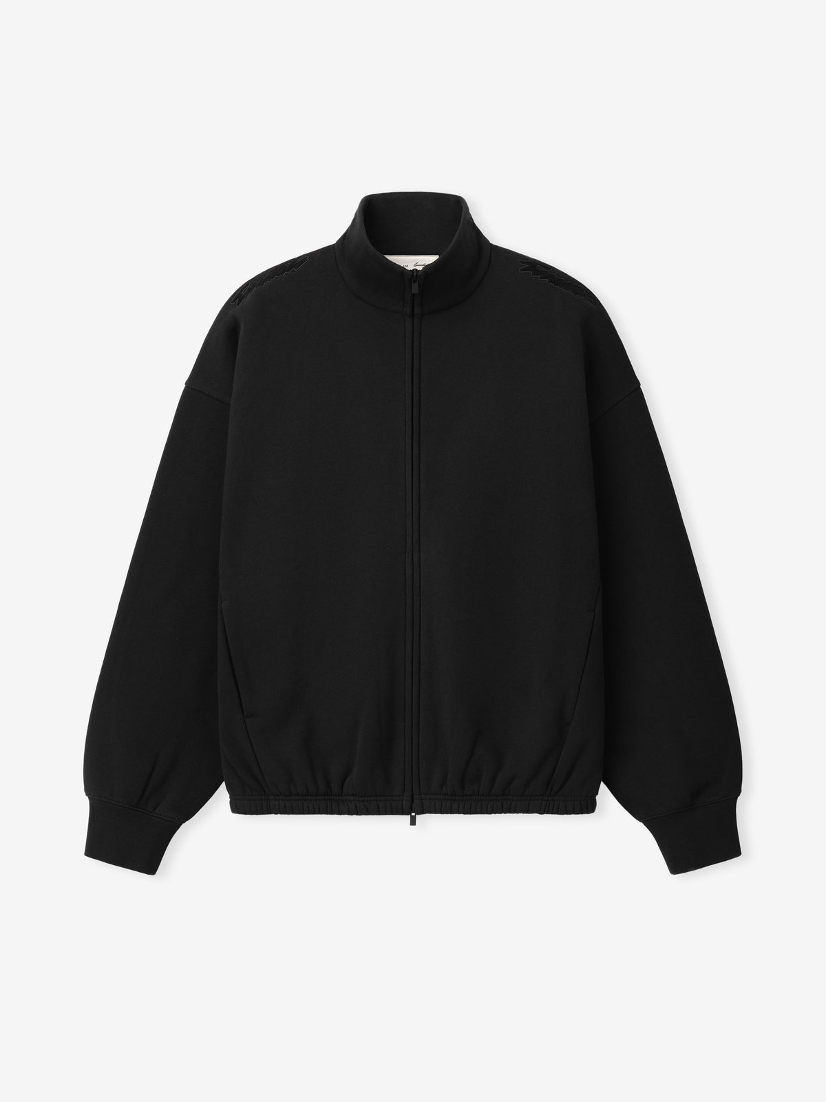 Classic Track Jacket in black displayed flat with a stand collar full zip front elastic cuffs and hem as Outerwear