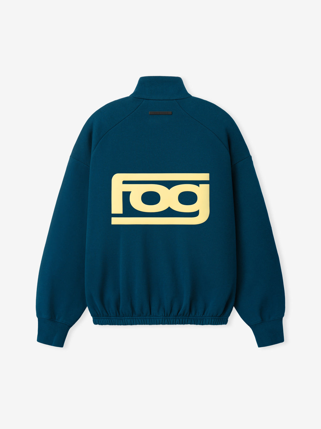 Classic Track Jacket in deep teal shown from the back with a large FOG logo stand collar elastic cuffs and gathered hem as Outerwear