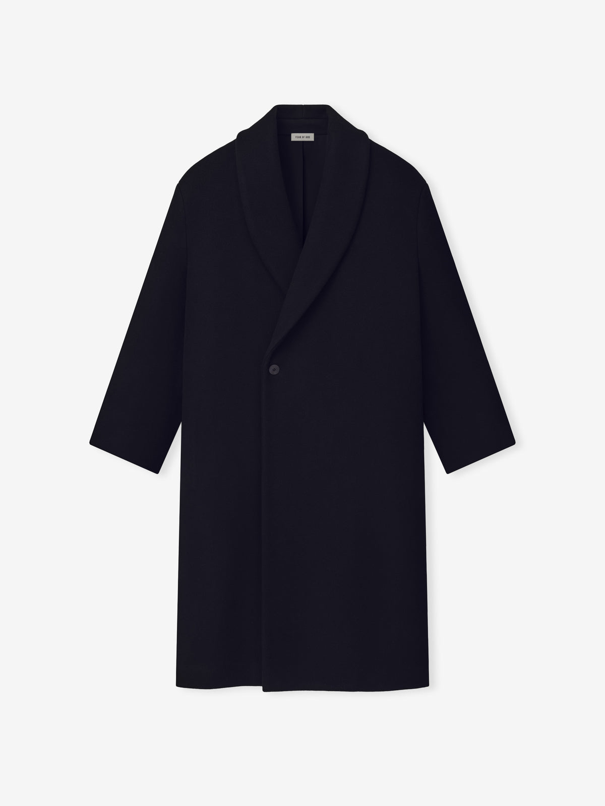 Double Weave Cotton Wool Shawl Overcoat in black shown flat from the front with shawl lapels long sleeves single button and straight hem as Outerwear