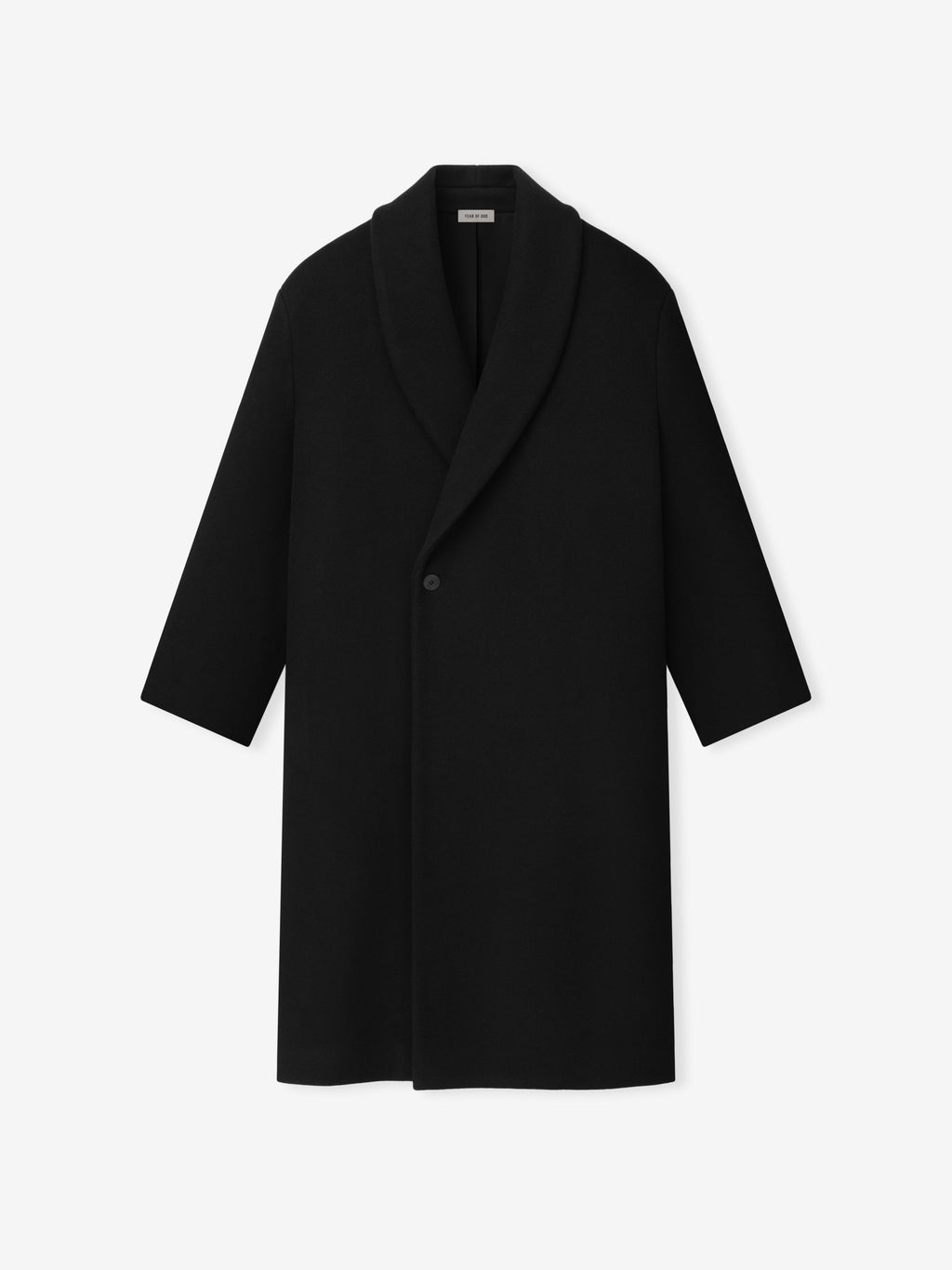 Melton Wool Shawl Overcoat in black shown flat with shawl collar long sleeves single button closure and clean longline silhouette as Outerwear
