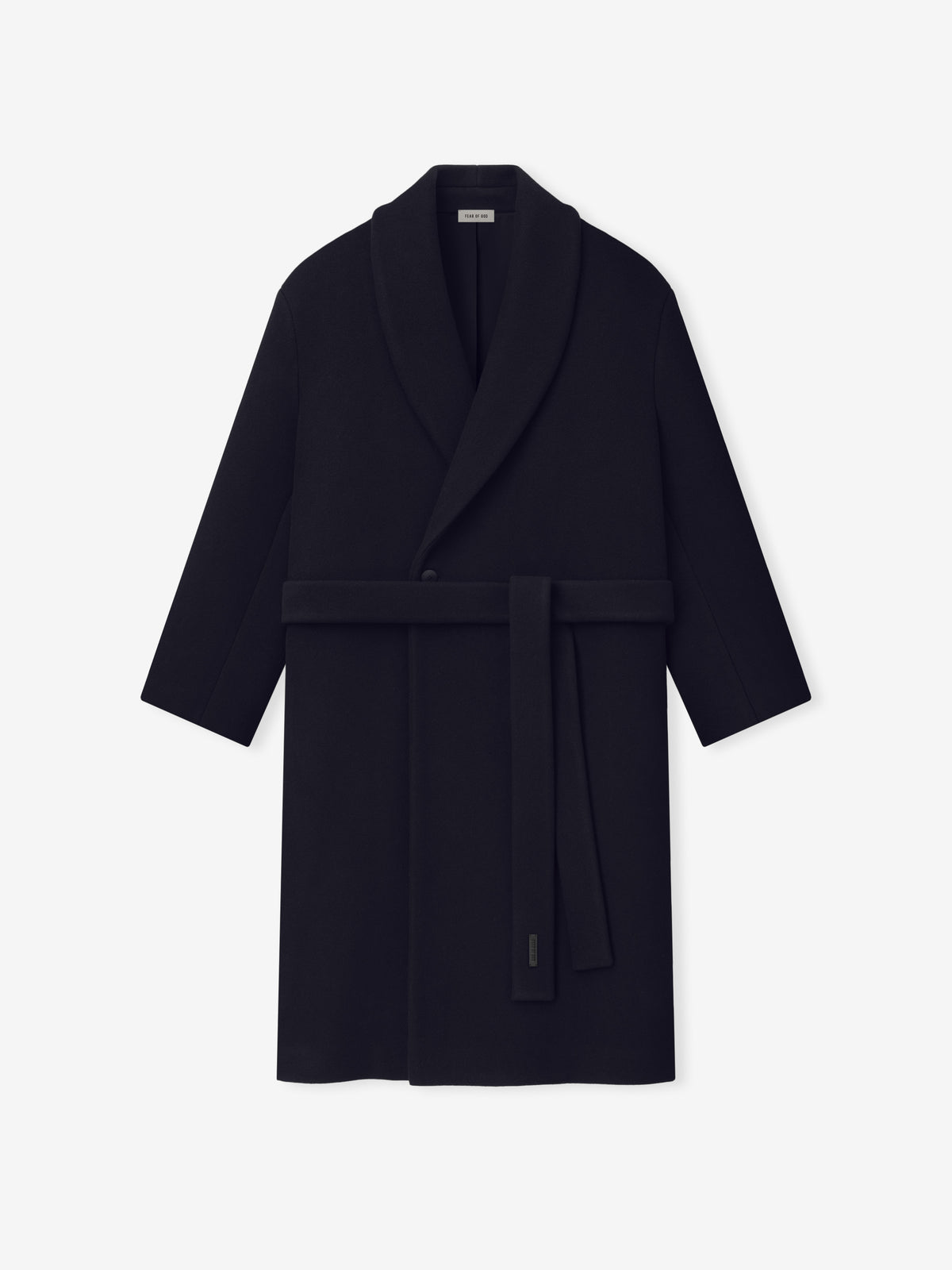 Double Weave Cotton Wool Shawl Overcoat in black shown flat from the front with shawl lapels belt long sleeves and straight hem as Outerwear