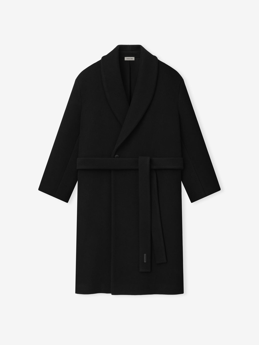 Melton Wool Shawl Overcoat in black shown flat with shawl collar long sleeves belted waist and longline silhouette as Outerwear