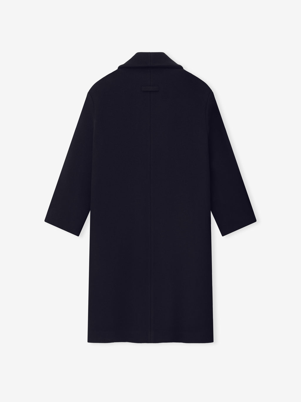 Double Weave Cotton Wool Shawl Overcoat in black shown flat from the back with shawl collar long sleeves center seam and straight hem as Outerwear