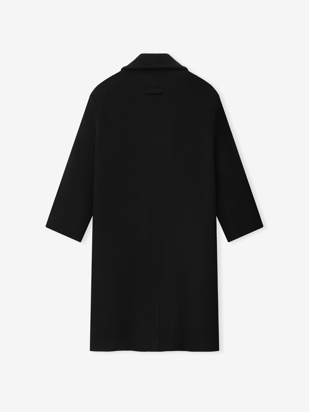 Melton Wool Shawl Overcoat in black shown from the back with shawl collar long sleeves rear seam and clean longline silhouette as Outerwear