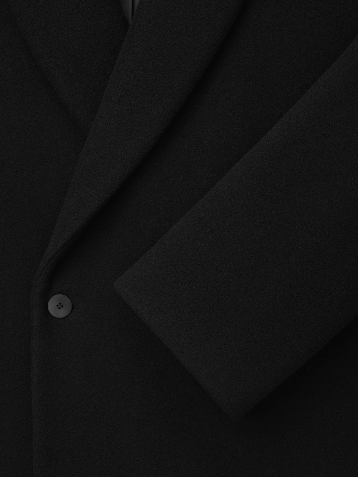 Melton Wool Shawl Overcoat in black closeup showing the shawl collar single button and smooth wool texture as Outerwear