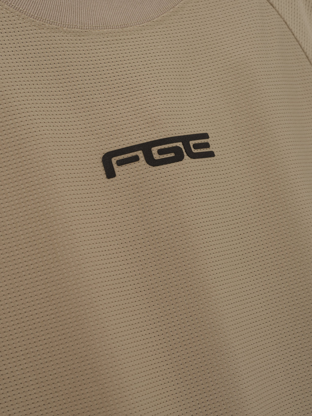 Kids Essential Raglan Tee in taupe with textured fabric ribbed crew neckline and a dark FOG logo shown in close detail as Tops
