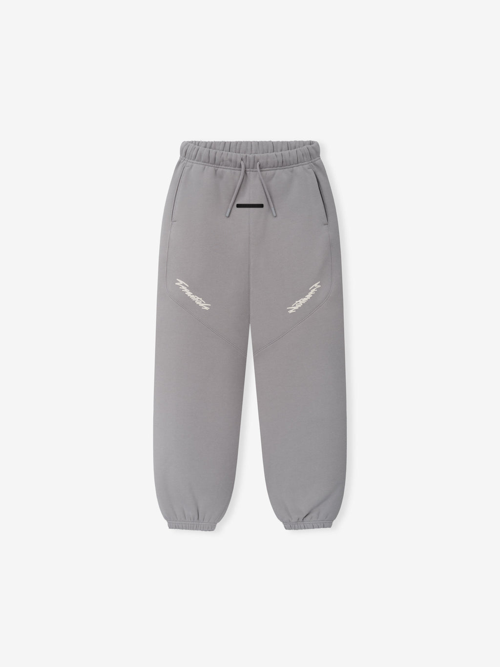 Kids Classic Moto Sweatpant in gray displayed flat with an elastic waistband drawstring side pockets gathered cuffs and white thigh logos as Bottoms