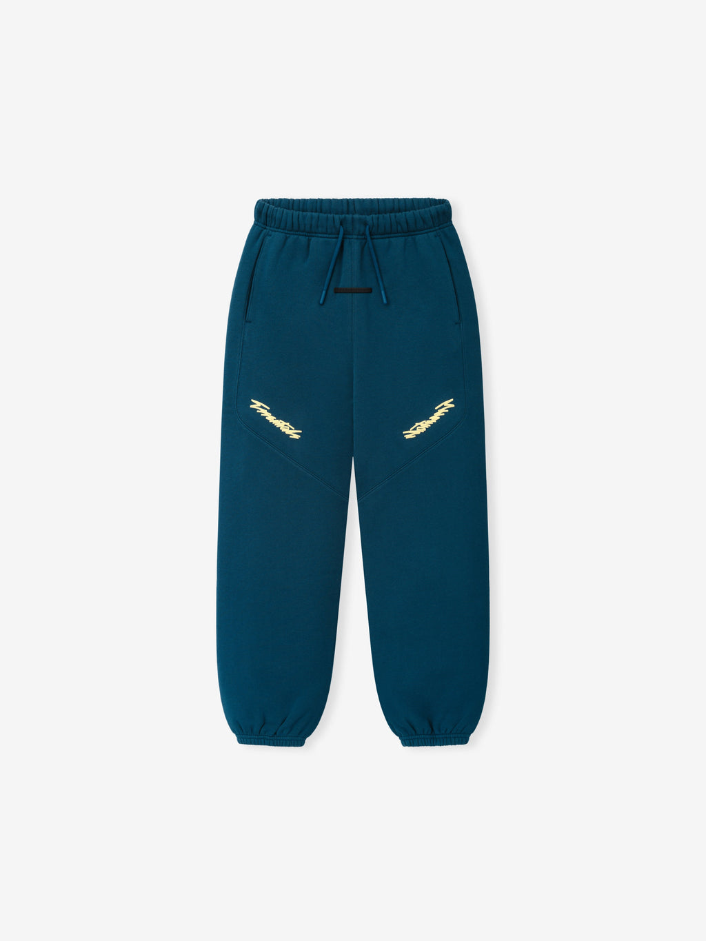 Kids Classic Moto Sweatpant in teal displayed flat with an elastic waistband drawstring gathered cuffs and cream thigh logos as Bottoms