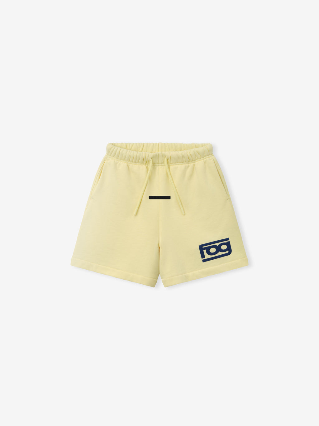 Kids Classic Short in pale yellow shown flat with an elastic drawstring waistband relaxed fit and navy logo patch as Bottoms