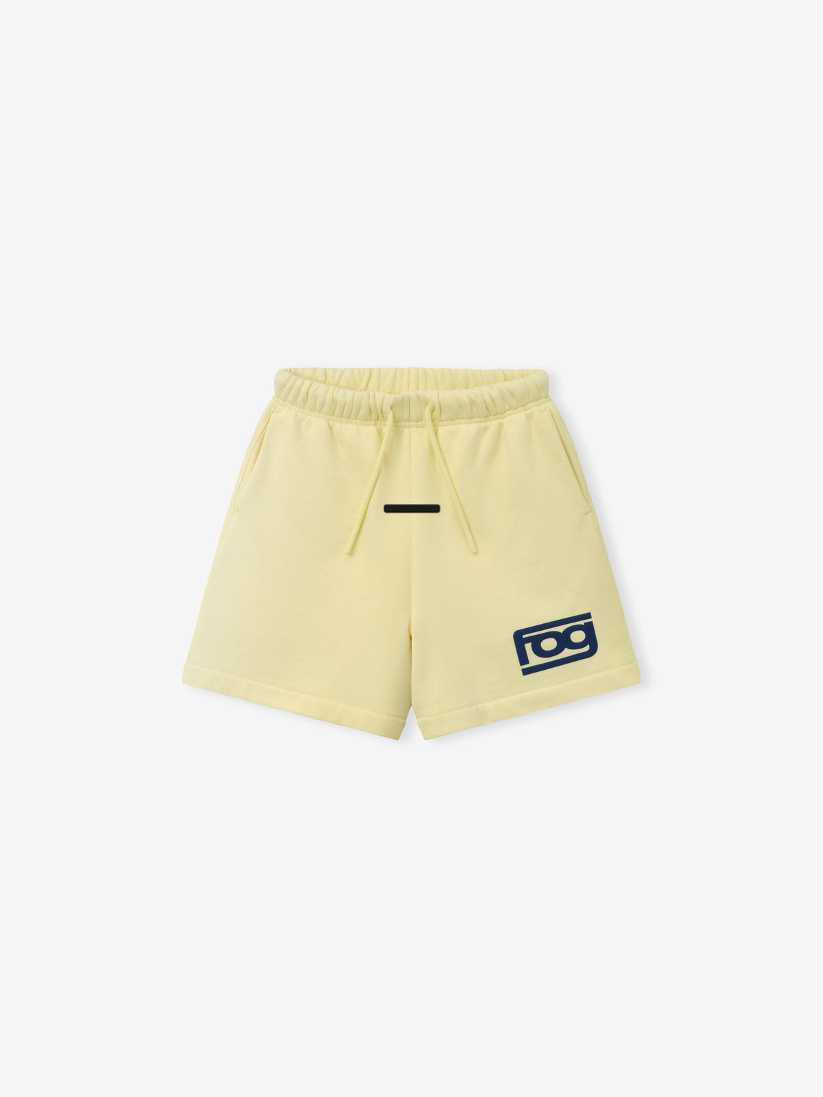 Kids Classic Short in pale yellow shown flat with an elastic drawstring waistband relaxed fit and navy logo patch as Bottoms