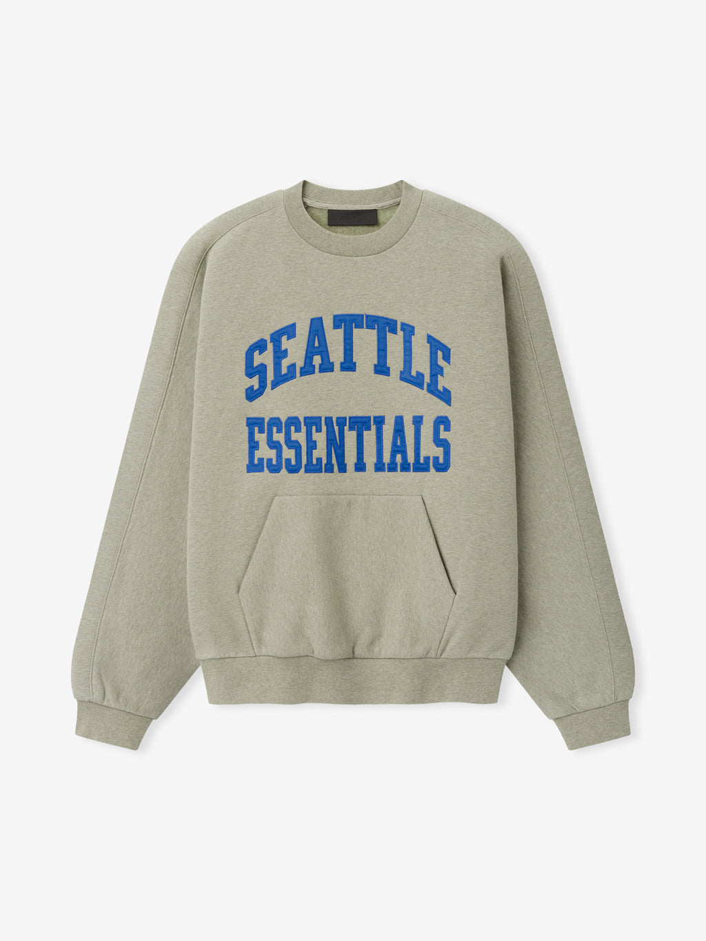 Seahawks 90s Relaxed Crewneck in sage green fleece with blue Seattle Essentials lettering and ribbed trims shown as a Tops product view