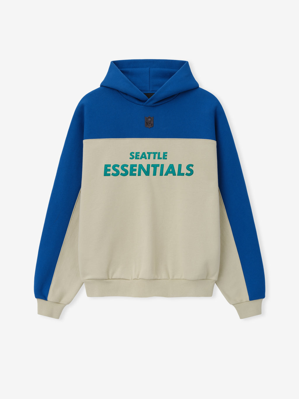 Seahawks 90s Relaxed Hoodie in blue and cream color block fleece with Seattle Essentials chest lettering and hood shown as a Tops product view