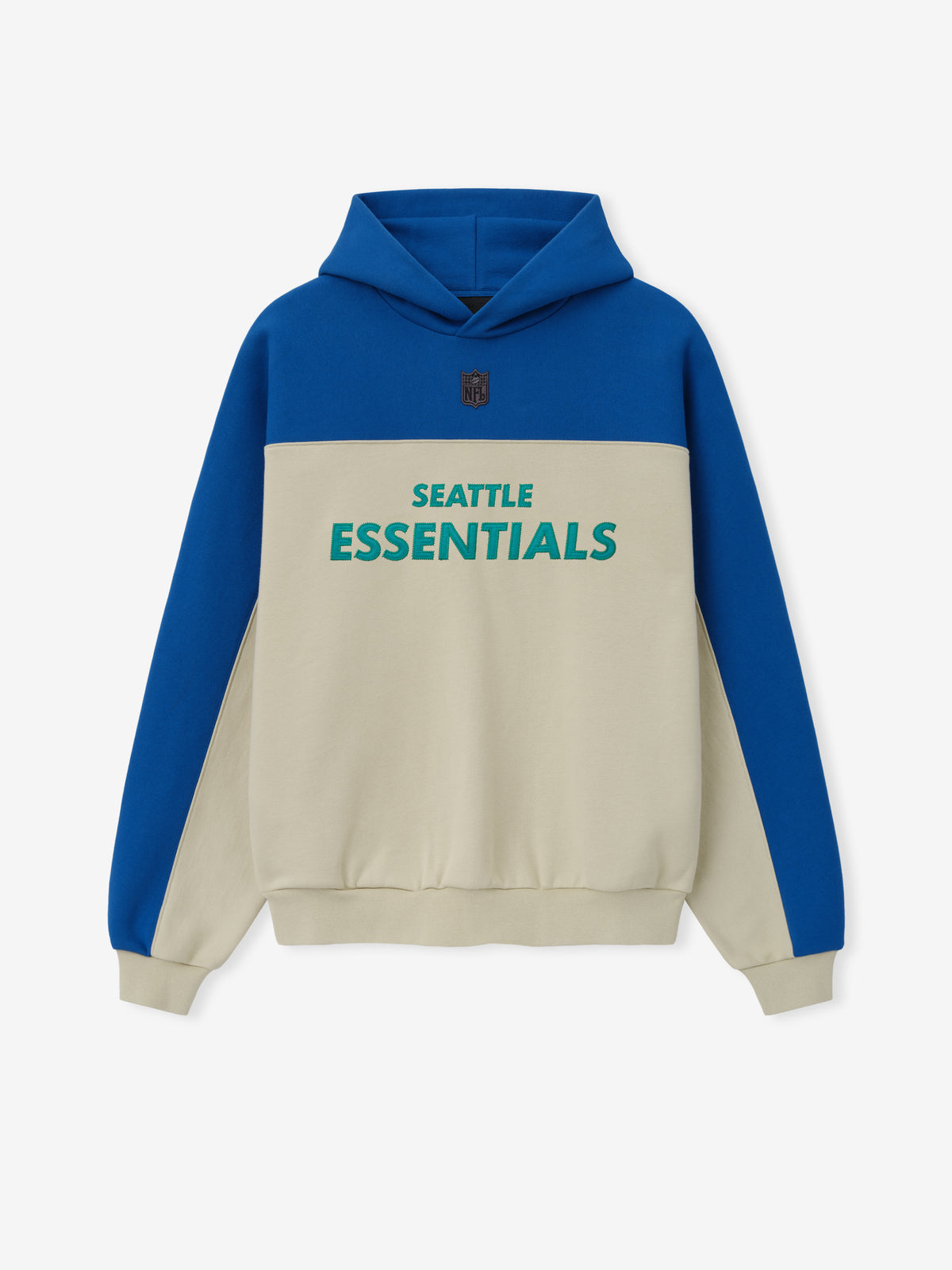 Seahawks 90s Relaxed Hoodie in blue and cream color block fleece with Seattle Essentials chest lettering and hood shown as a Tops product view