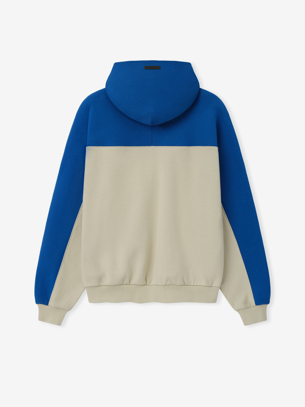 Seahawks 90s Relaxed Hoodie in blue and cream color block fleece with hood and ribbed cuffs shown from the back as a Tops product view