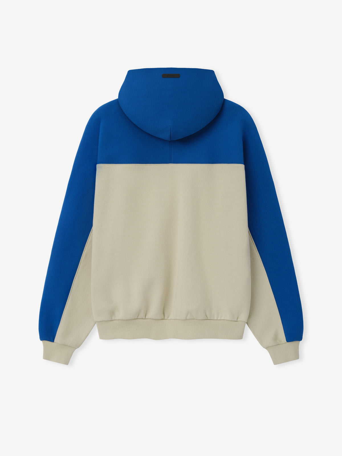 Seahawks 90s Relaxed Hoodie in blue and cream color block fleece with hood and ribbed cuffs shown from the back as a Tops product view
