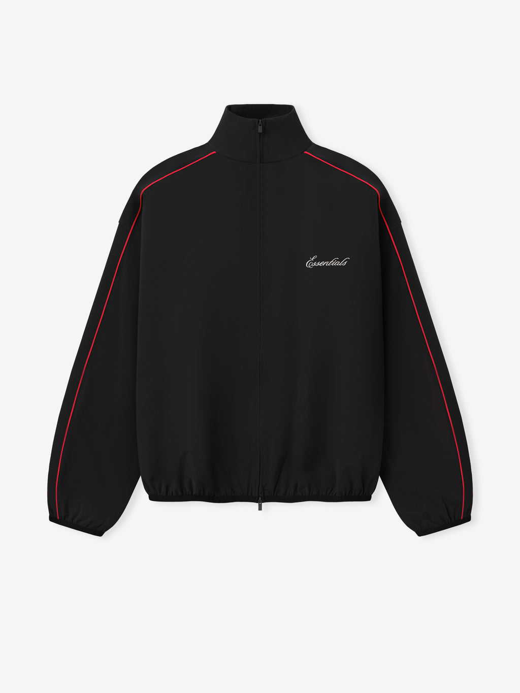 Marathon Modern Track Jacket in black with red piping high collar zip front elastic hem and Fear of God chest logo displayed flat as Outerwear