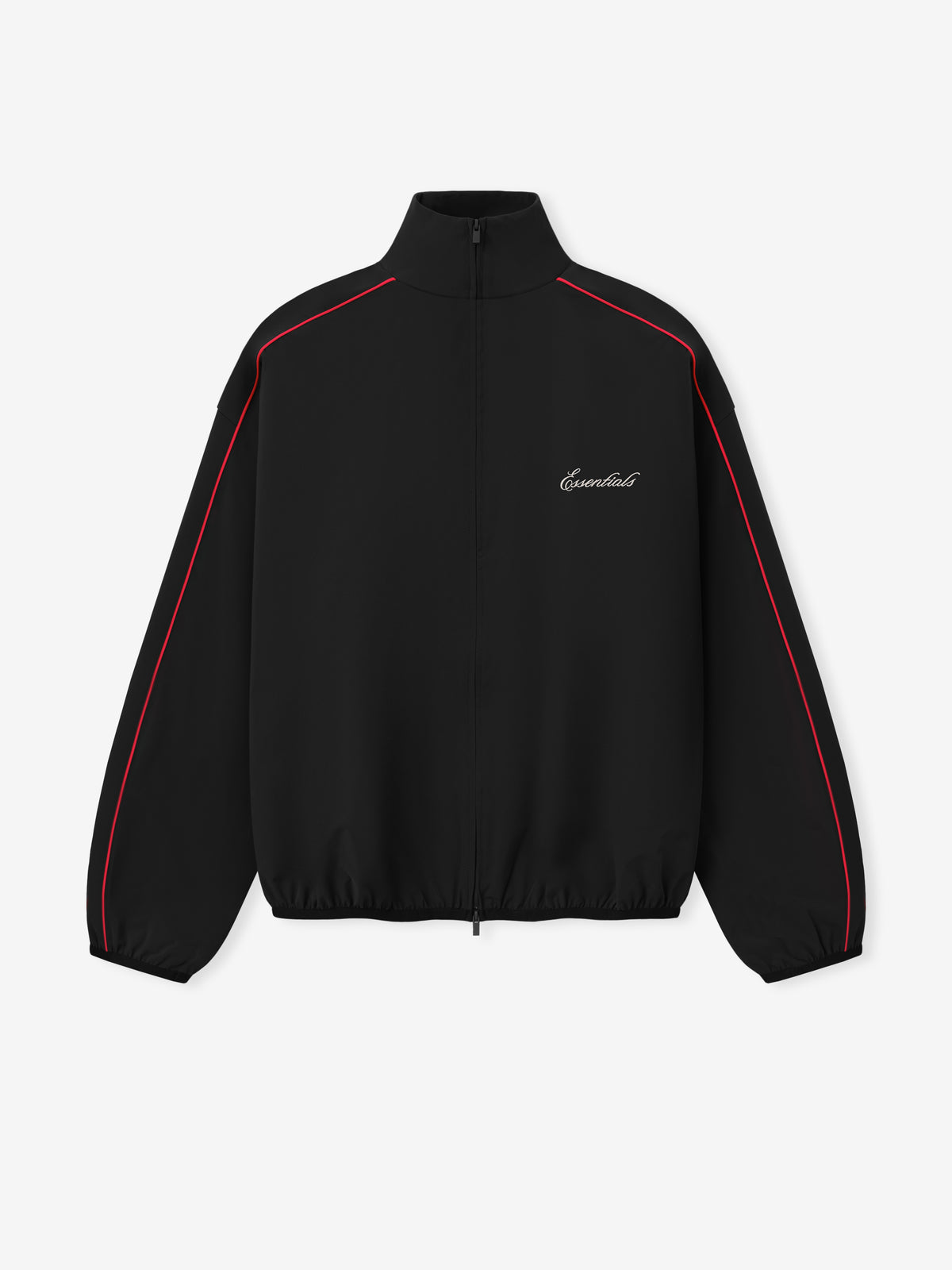 Marathon Modern Track Jacket in black with red piping high collar zip front elastic hem and Fear of God chest logo displayed flat as Outerwear