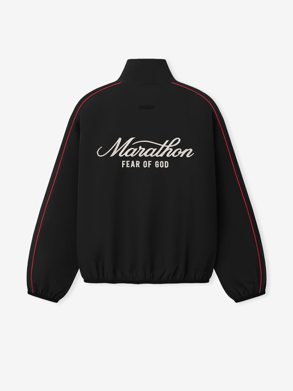 Marathon Modern Track Jacket in black with red piping and oversized Marathon Fear of God back graphic displayed flat as Outerwear