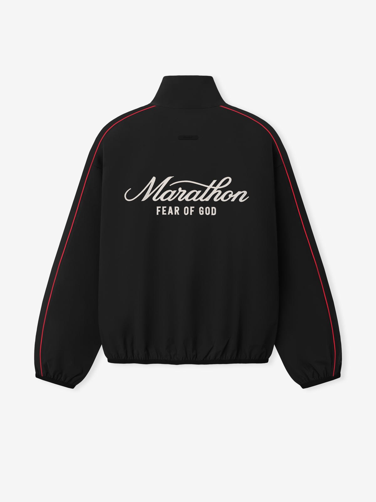 Marathon Modern Track Jacket in black with red piping and oversized Marathon Fear of God back graphic displayed flat as Outerwear
