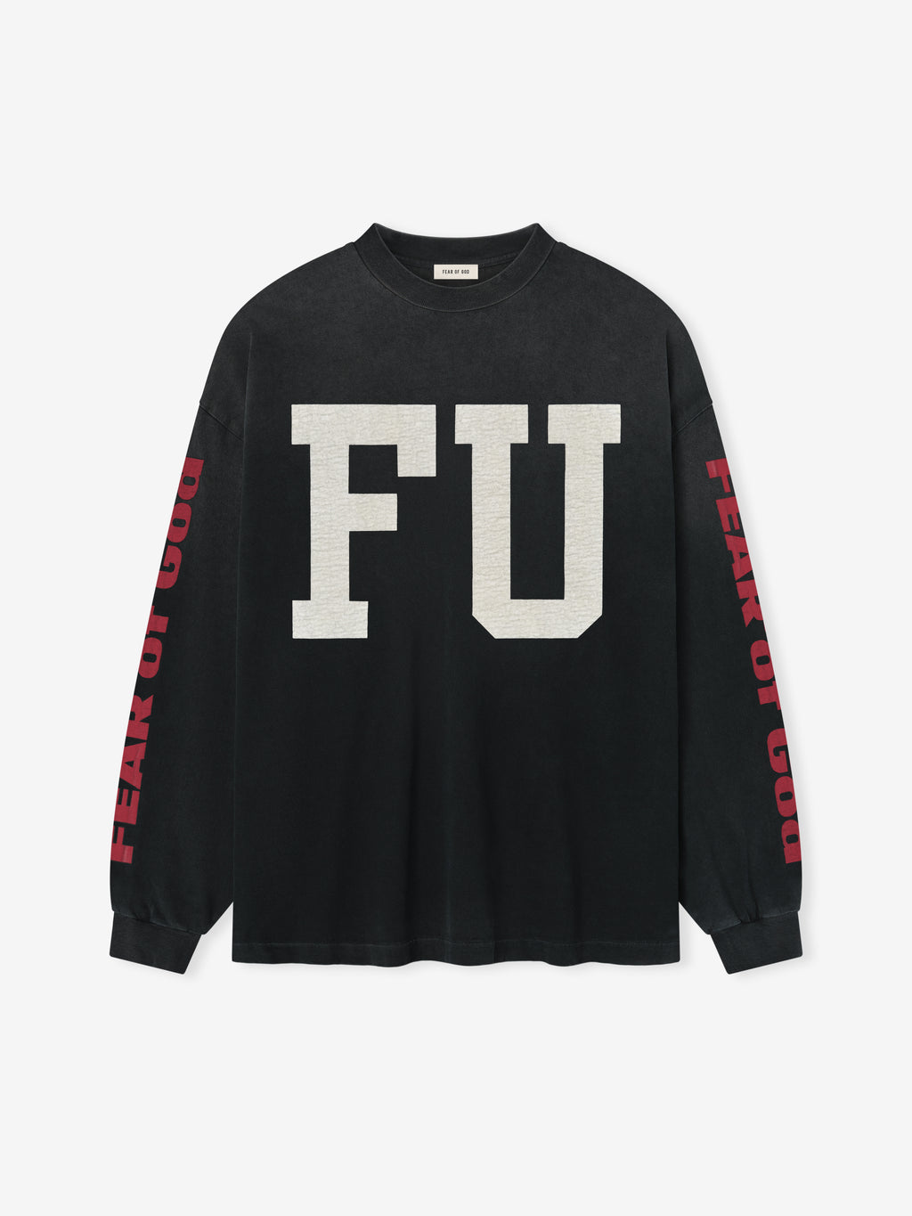 Freedom Relaxed Long Sleeve Tee in black featuring large collegiate-style “FU” lettering on the front and red “Fear of God” text along the sleeves, crafted from soft cotton for a casual tops look.