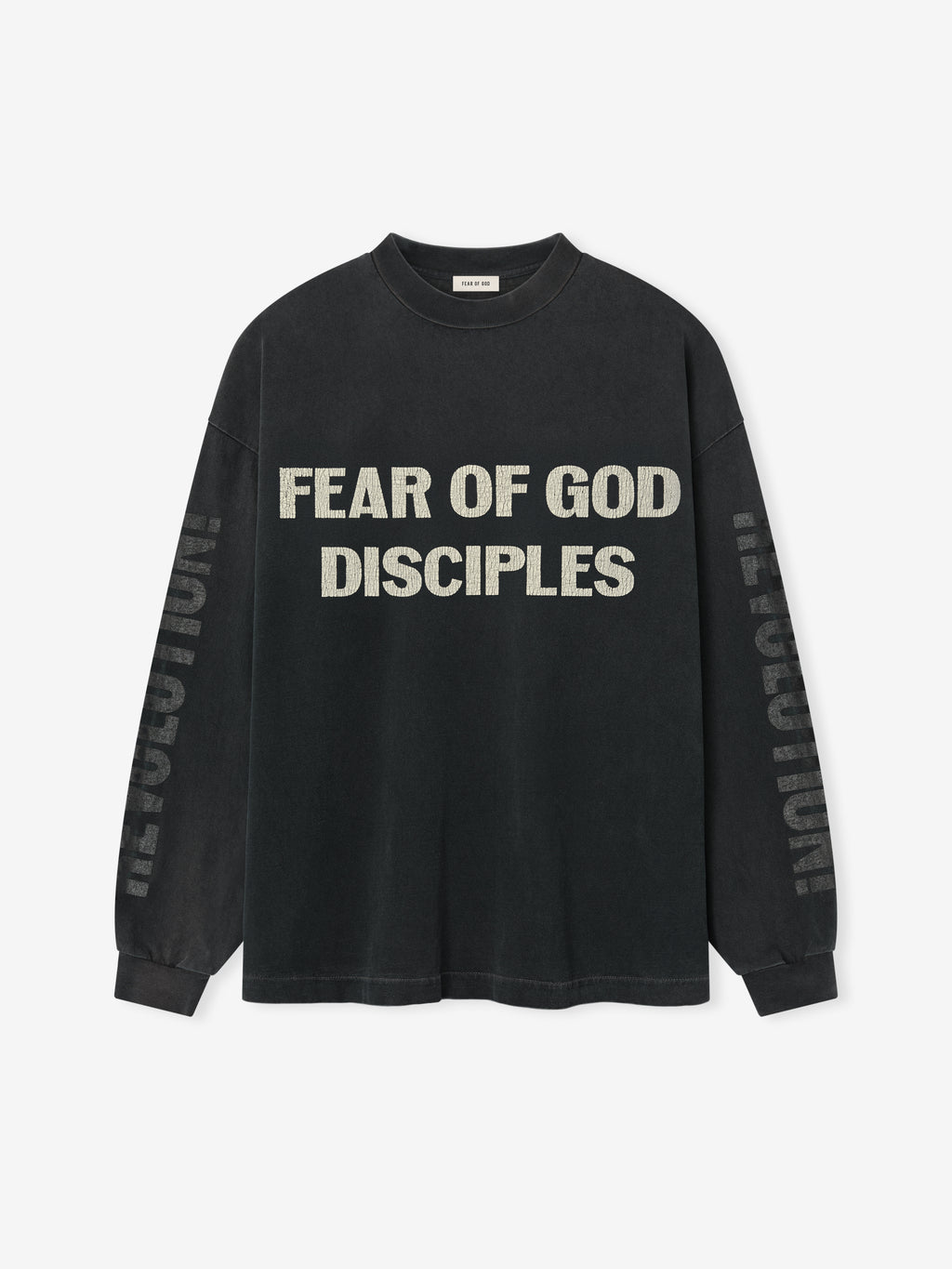 Disciple Relaxed Long Sleeve Tee in faded black featuring bold distressed “FEAR OF GOD DISCIPLES” text across the chest and subtle “REVOLUTION” lettering down the sleeves, crafted for casual tops wear.