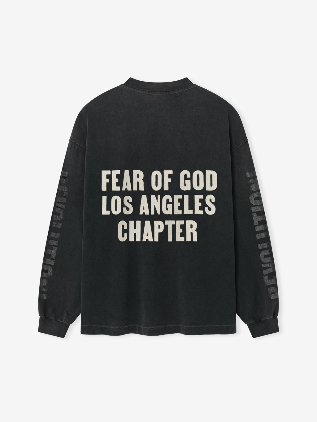 Disciple Relaxed Long Sleeve Tee in washed black with bold cream “FEAR OF GOD LOS ANGELES CHAPTER” text on the back and subtle “REVOLUTION” lettering down the sleeves, designed for relaxed casual tops.