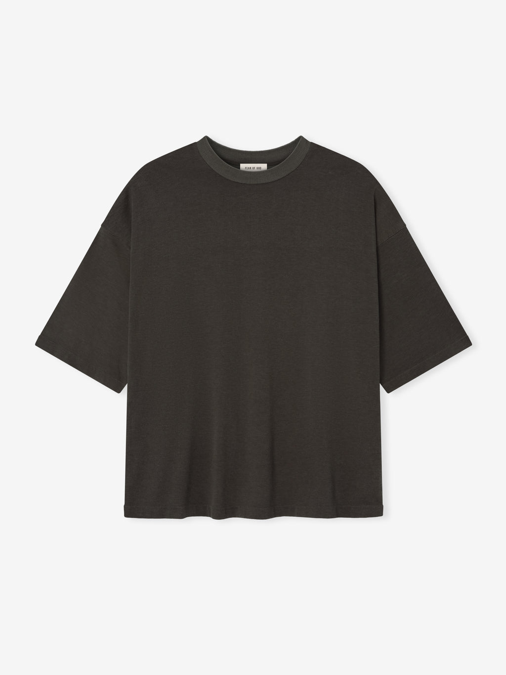 Front view of an off-black Cotton Viscose Relaxed Tee with a boxy silhouette, crew neckline, and short sleeves, displayed against a plain light background.