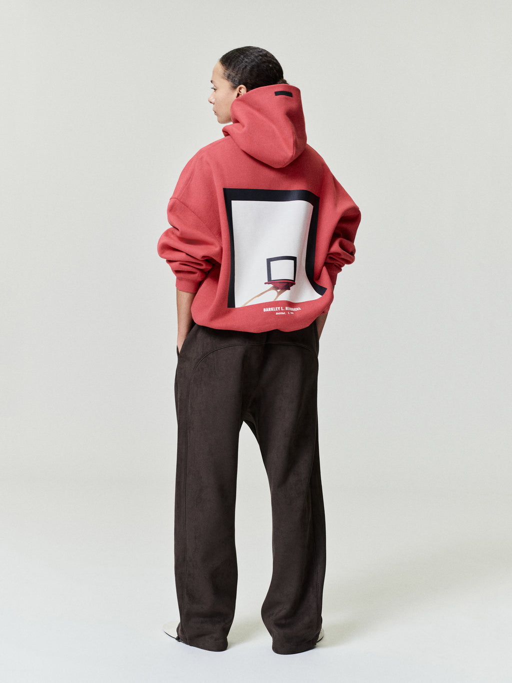 red heavyweight hoodie with framed basketball hoop graphic and Barkley L. Hendricks signature on back center