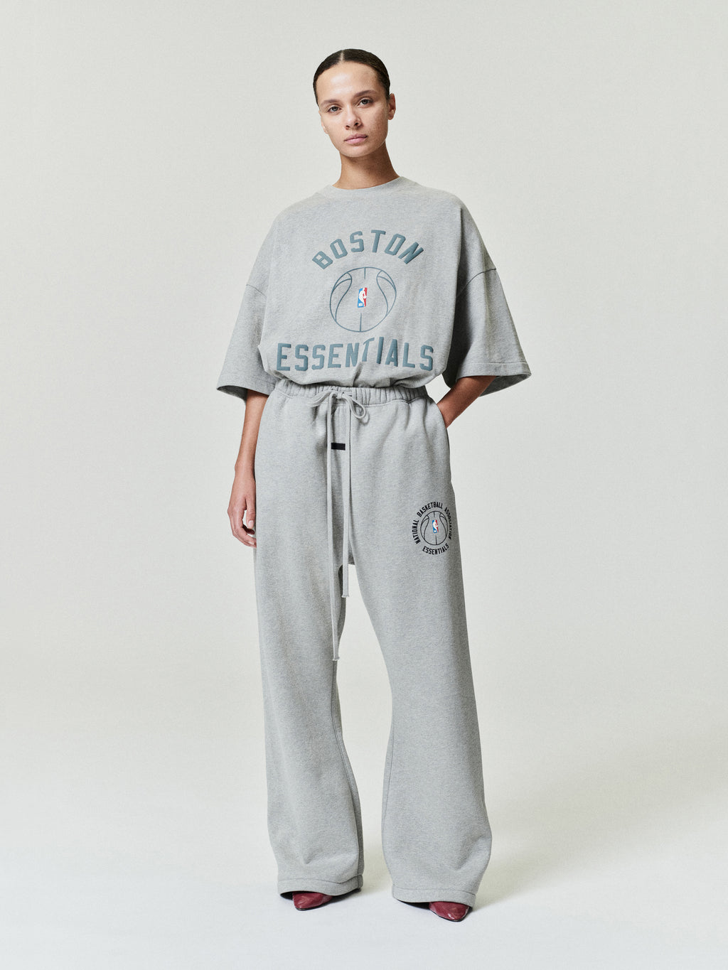 light grey heavy cotton jersey oversized tee with Boston Essentials and NBA basketball graphic at chest