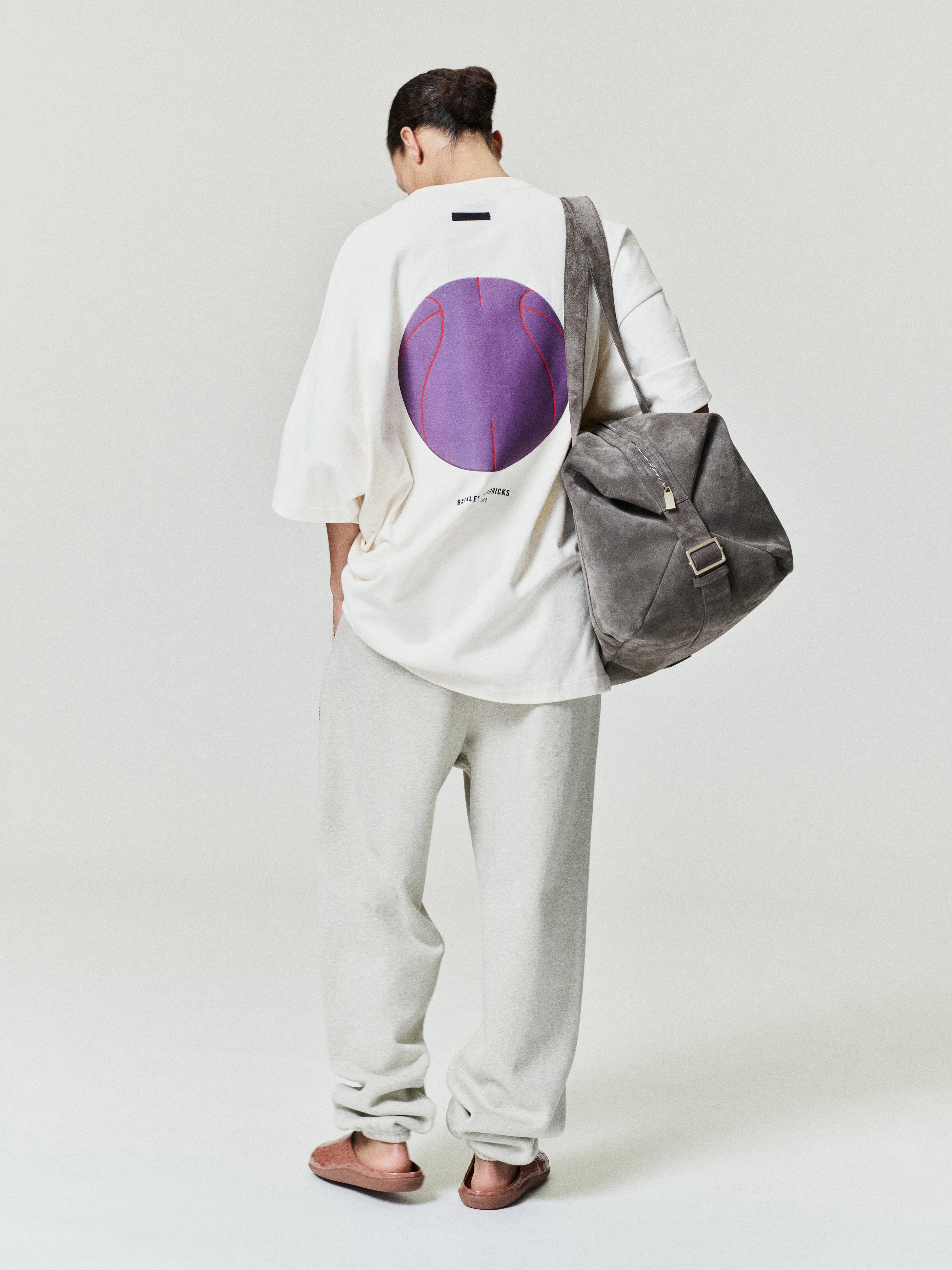 off-white heavyweight cotton jersey oversized tee with purple basketball graphic and Barkley Hendricks text on back