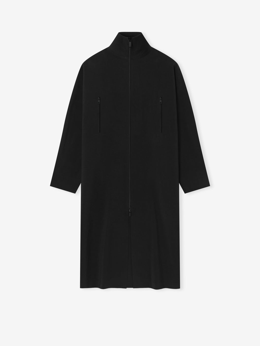 black technical wool trench coat with high neck, full front zipper, zippered chest pockets, and long sleeves