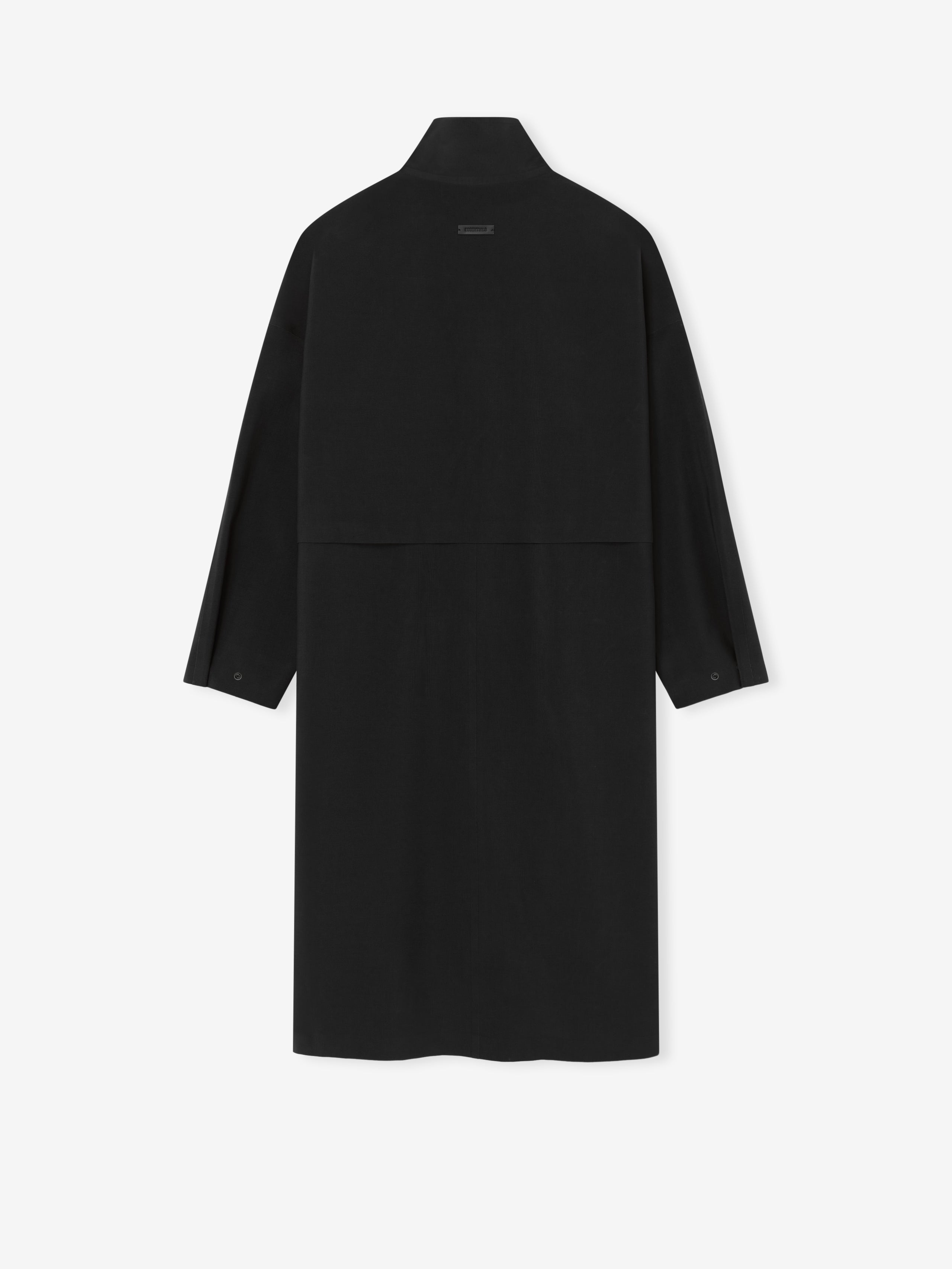 back view of black technical wool trench coat with high neck and long sleeves in sleek minimalist design