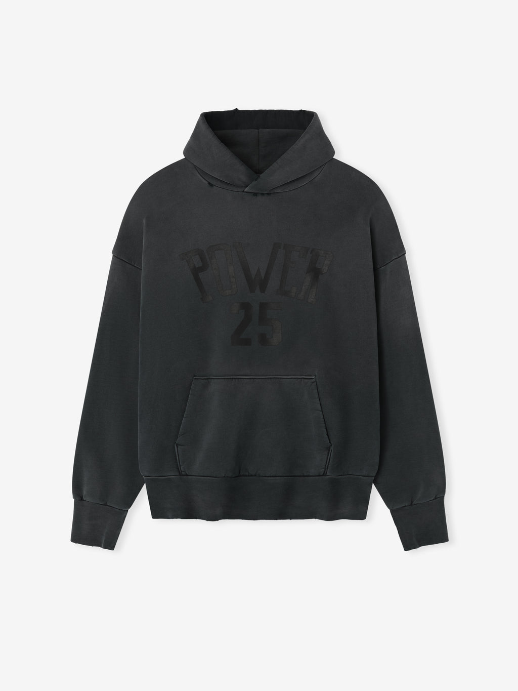 Vintage Power 25 Hoodie in washed black featuring subtle tonal "POWER 25" text across the chest, designed with a relaxed fit, kangaroo pocket, and ribbed cuffs for comfortable outerwear.