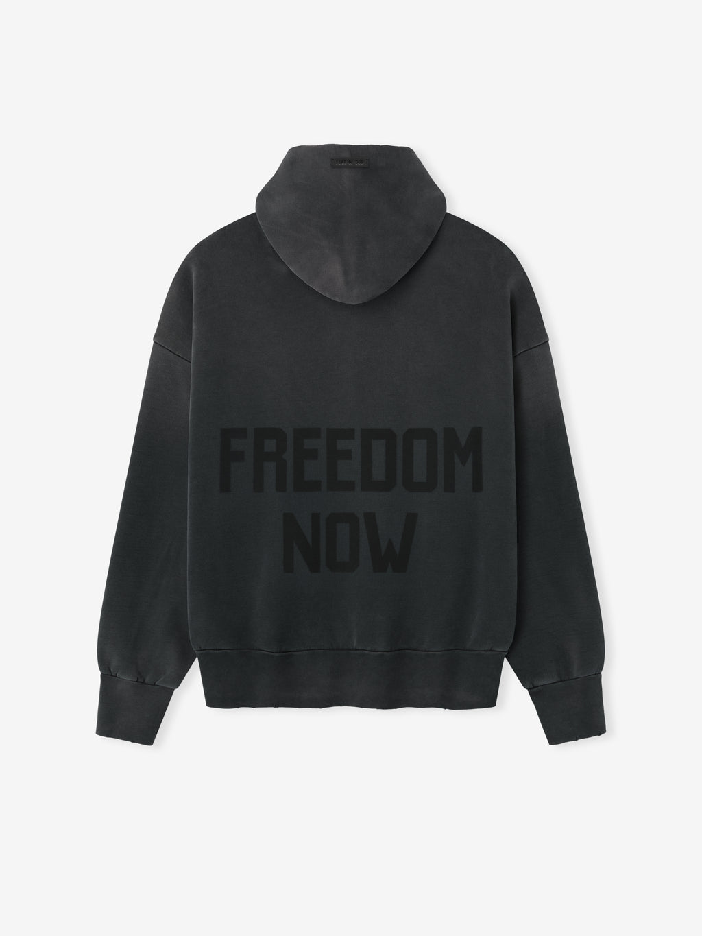 Vintage Power 25 Hoodie in washed black featuring large tonal "FREEDOM NOW" text on the back, designed with a relaxed fit, ribbed cuffs, and cozy hooded outerwear style.