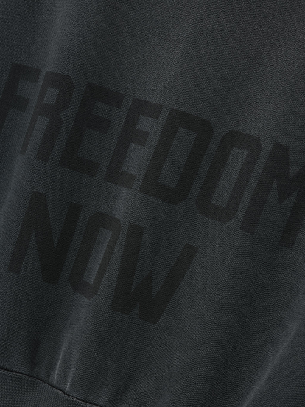 Vintage Power 25 Hoodie in washed black with large tonal "FREEDOM NOW" text printed on the back, crafted from soft fabric for comfortable outerwear.