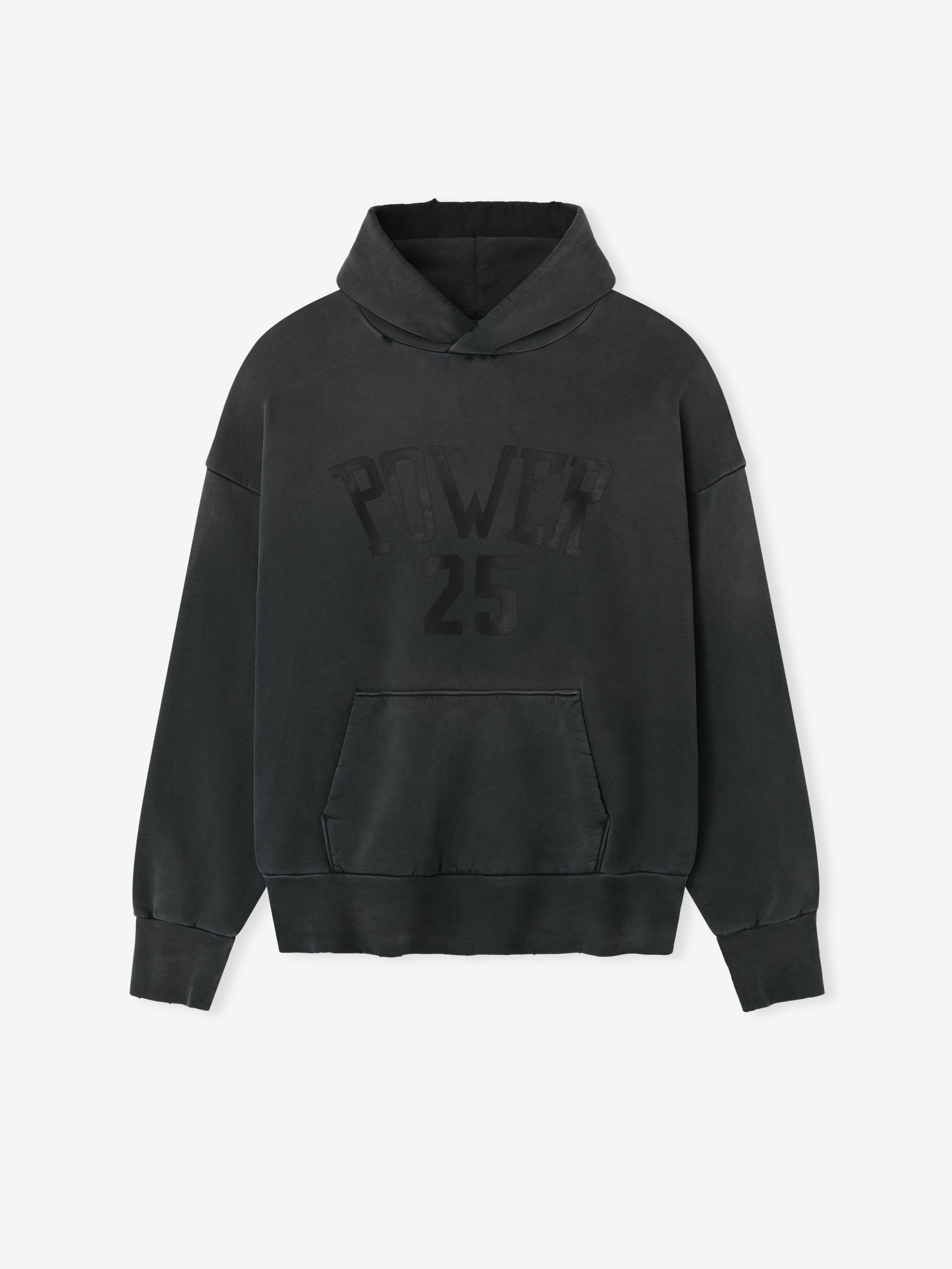 Vintage Power 25 Hoodie in washed black featuring subtle tonal "POWER 25" text on the chest, crafted from soft fabric with a relaxed fit and classic kangaroo pocket for outerwear.