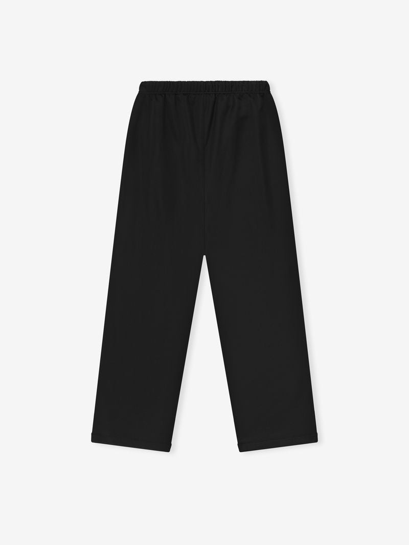 Black Satin Fleece Lounge Sweatpant flat lay highlighting elastic waistband and straight leg silhouette, gallery position 0, file aL__EHw.jpg