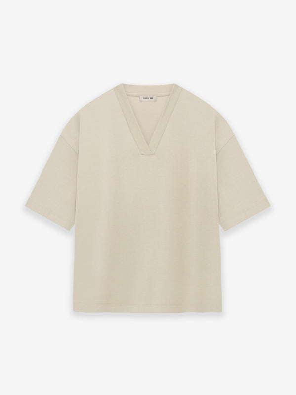 off-white heavy cotton jersey V-neck lounge tee with relaxed fit and elbow-length sleeves shown flat on white background