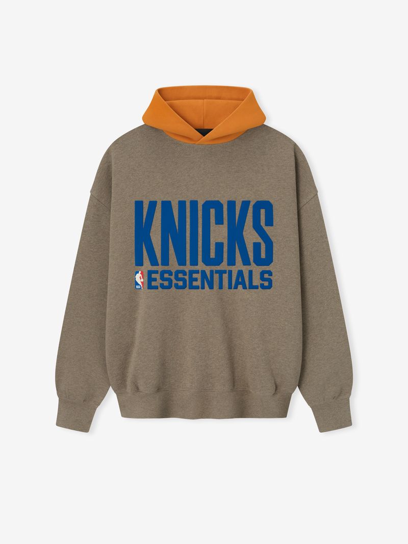 Front view of brown Knicks Sport Hoodie with bold blue KNICKS ESSENTIALS text and contrasting orange hood j_PW8xhw.jpg gallery 0