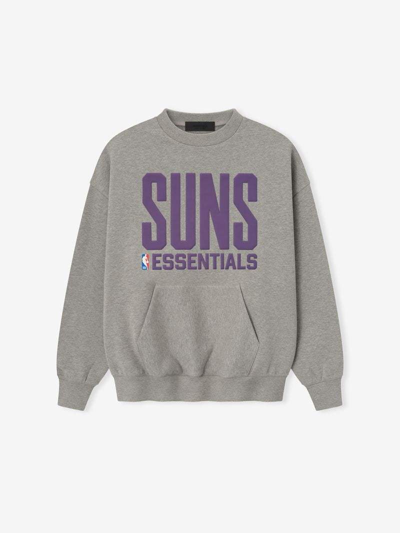 Grey crewneck with large purple SUNS Essentials lettering and NBA logo above front kangaroo pocket