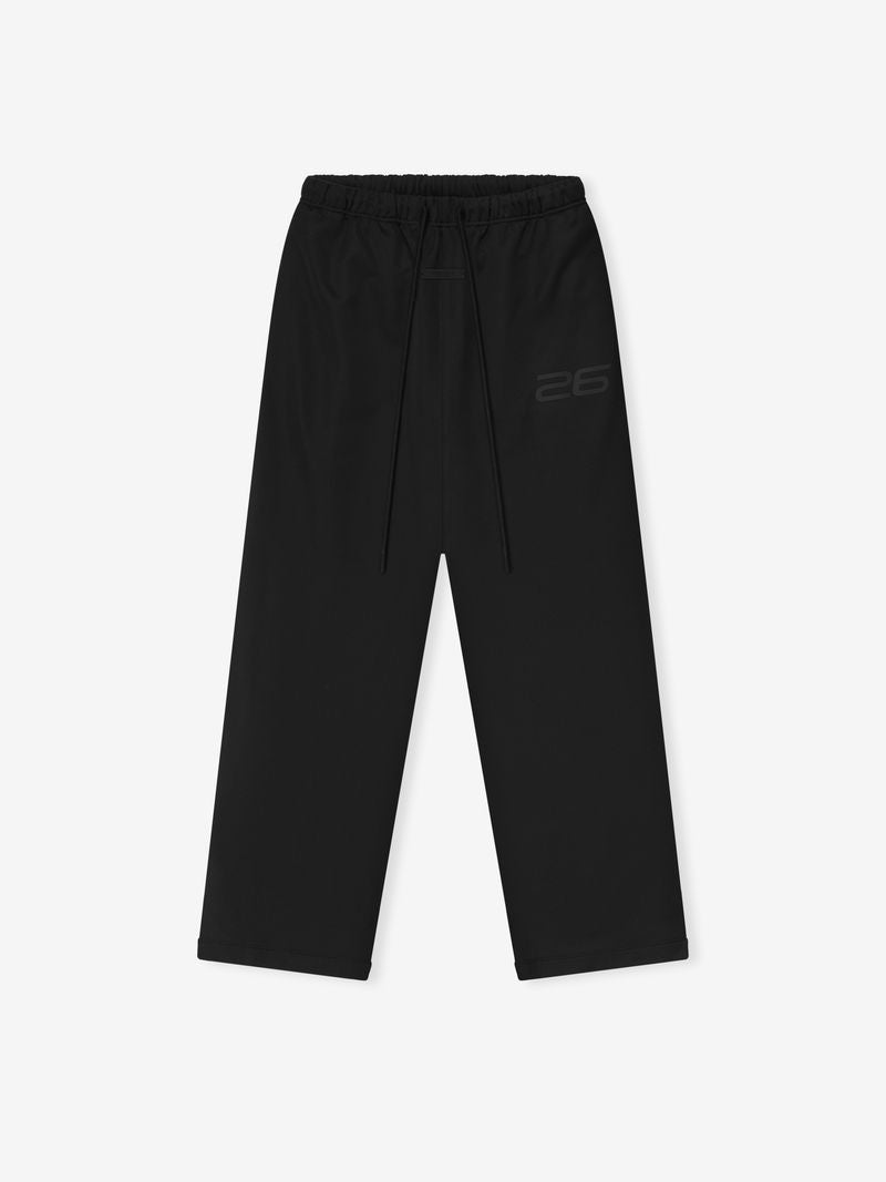 Black Satin Fleece Lounge Sweatpant flat lay with elastic waistband, drawstrings, and subtle embossed "26" detail, gallery 0 uqWmGoSQ.jpg