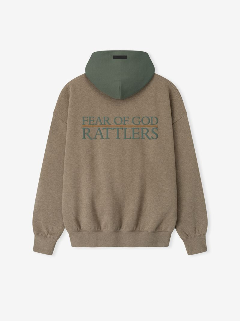 Back view of brown FAMU Sport Hoodie with green hood and centered "FEAR OF GOD RATTLERS" text, file w0rKXx6w.jpg